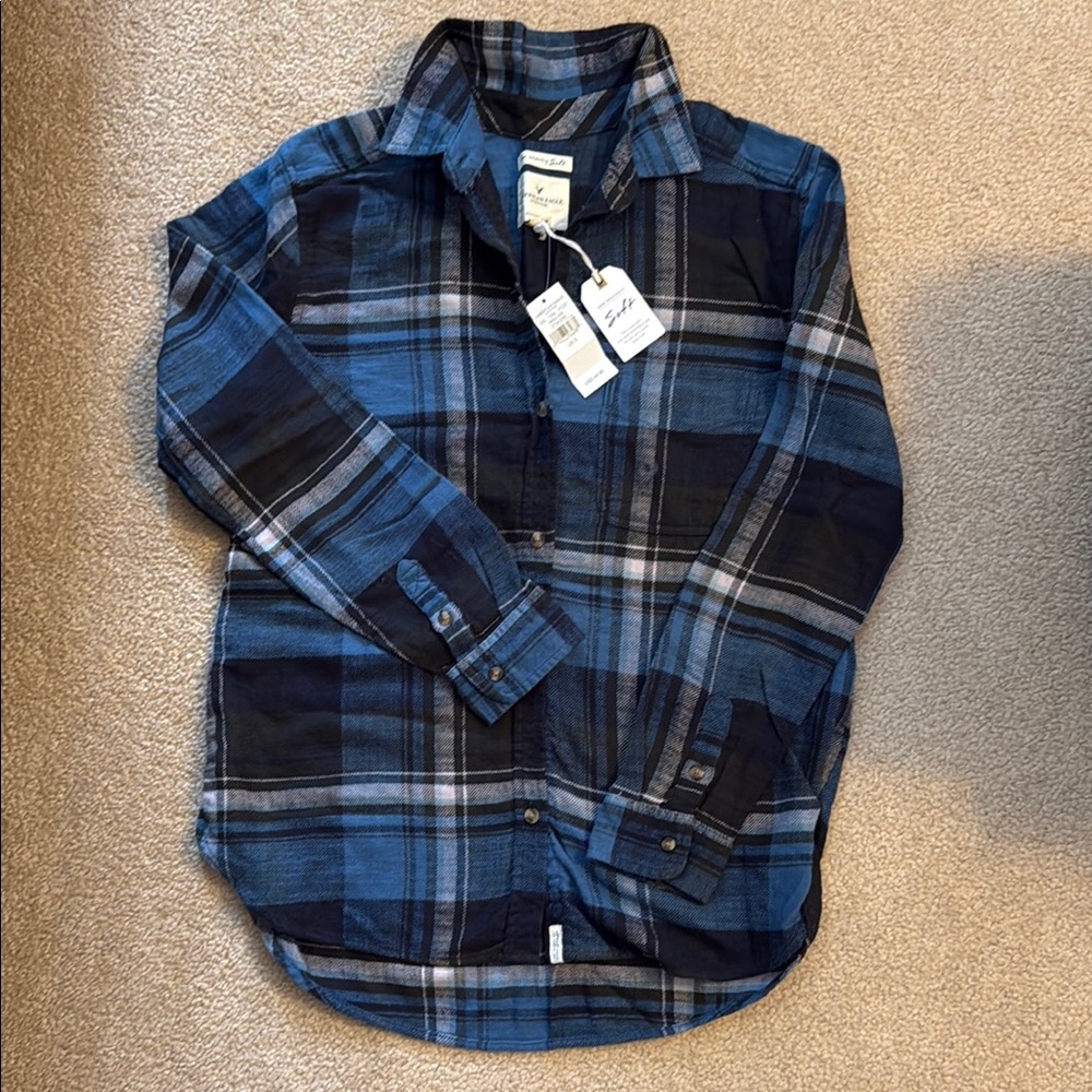 Women's Black and Blue Plaid Button Up Shirt American Eagle